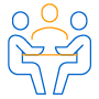 Blue and orangy icon of a group of people dining around one table