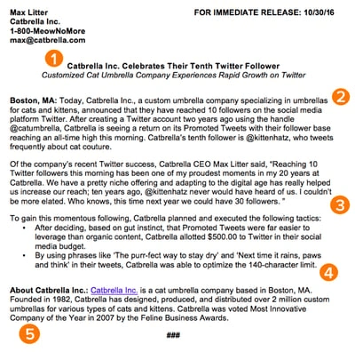 Sample press release format by HubSpot, with orange markers highlighting five key areas on the press release: headline, 3 body, about us section