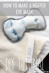Slide shows a handmade heated eye mask built of hand-dyed shibori fabric promoting a tutorial designed up enable people to create this product at homepage.