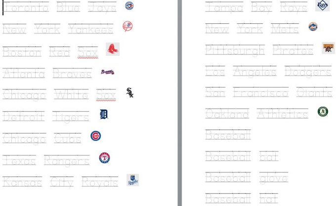 Dotted Lines worksheet for kids to practice writing baseball theme
